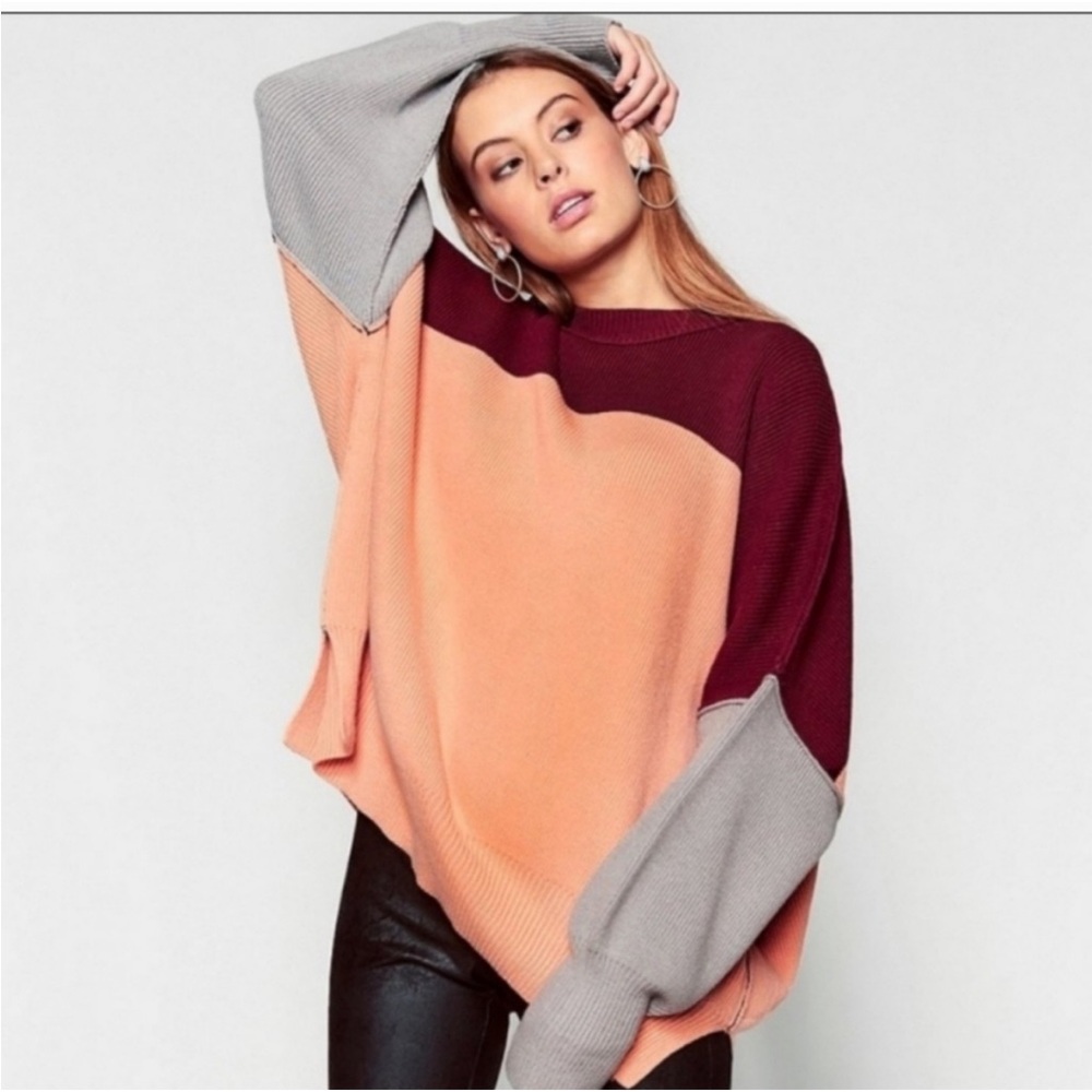 Free People Easy Street Oversize Colorblock Slouchy Sweater Burgundy Peach Gray
